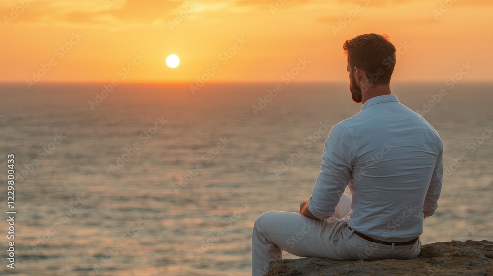 Mental health recovery and growth, A man sits on a rocky ledge, gazing at a vibrant sunset over the ocean, embodying tranquility and reflection. Mental health recovery and growth, A man sits on a rocky ledge, gazing at a vibrant sunset over the ocean, embodying tranquility and reflection.