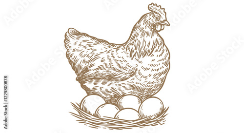 Chicken, hen with nest, eggs. Sketch artwork silhouette chicken, hen with nest, eggs. Vintage retro print, chicken, hen eggs sketch ink pencil style drawing, engrave old school. Vector Illustration