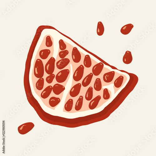A piece of pomegranate with pits. A hand-drawn vector illustration. Bright ripe pomegranate fruit for culinary prints, textiles and logos.