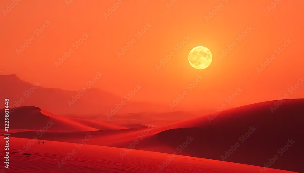 Desert Sunset With Full Moon And Distant Figures Desert Sunset With Full Moon And Distant Figures