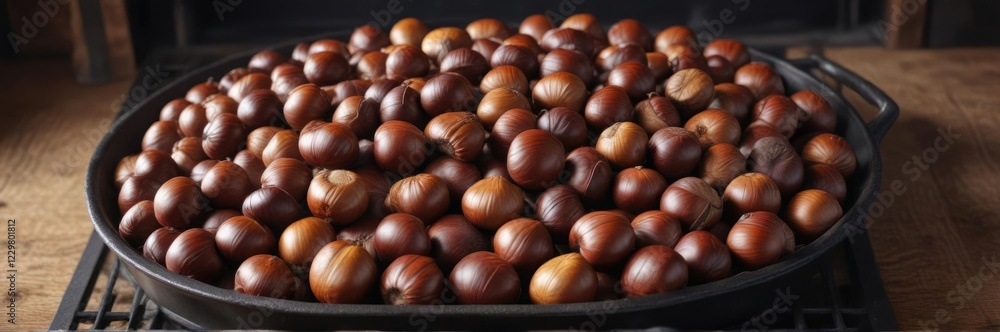Aromatic chestnuts piled high in a traditional cast iron roasting oven , autumnal cooking, roasted nuts, kitchen appliance Aromatic chestnuts piled high in a traditional cast iron roasting oven , autumnal cooking, roasted nuts, kitchen appliance