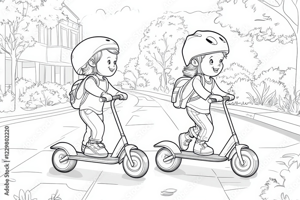 Kids Riding Scooters in City Park Coloring Page Kids Riding Scooters in City Park Coloring Page