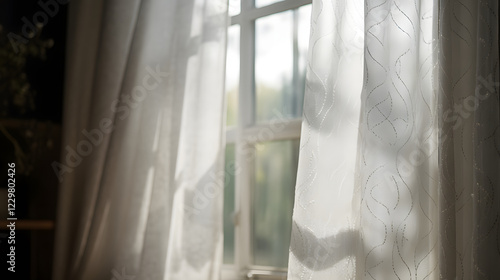 a window with a white curtain