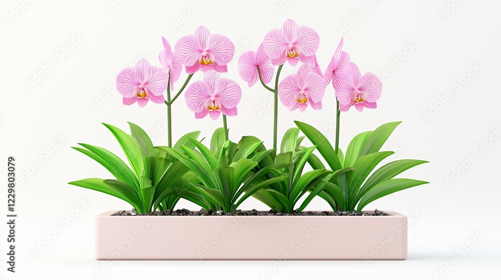 Elegant Pink Orchids in a Pale Pink Planter Against a White Background Elegant Pink Orchids in a Pale Pink Planter Against a White Background