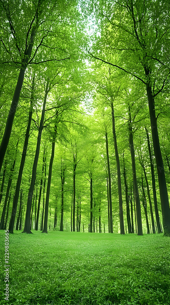 Naklejka premium Lush green forest, sunlight, spring. Nature wallpaper