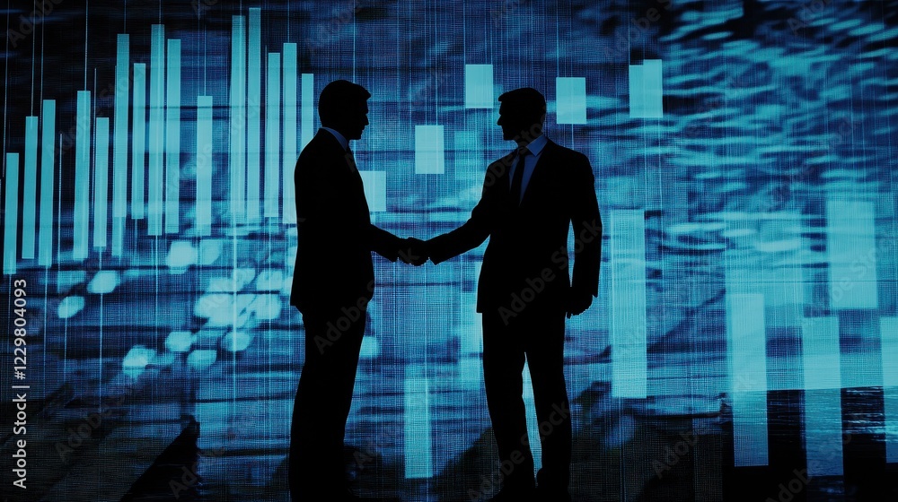 Obraz premium Business handshake with financial graphs in background (close up, focus on, copy space) professional and sharp contrast, double exposure silhouette with corporate executives. 