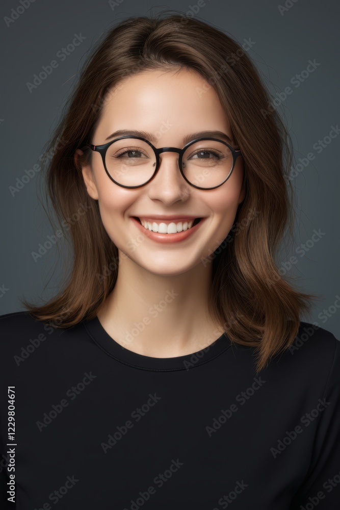 Fototapeta premium smiling woman with glasses and black shirt on dark background