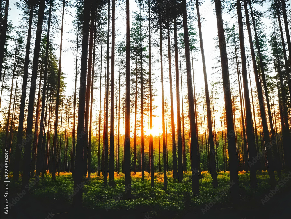 Obraz premium Sunset in pine forest, nature background