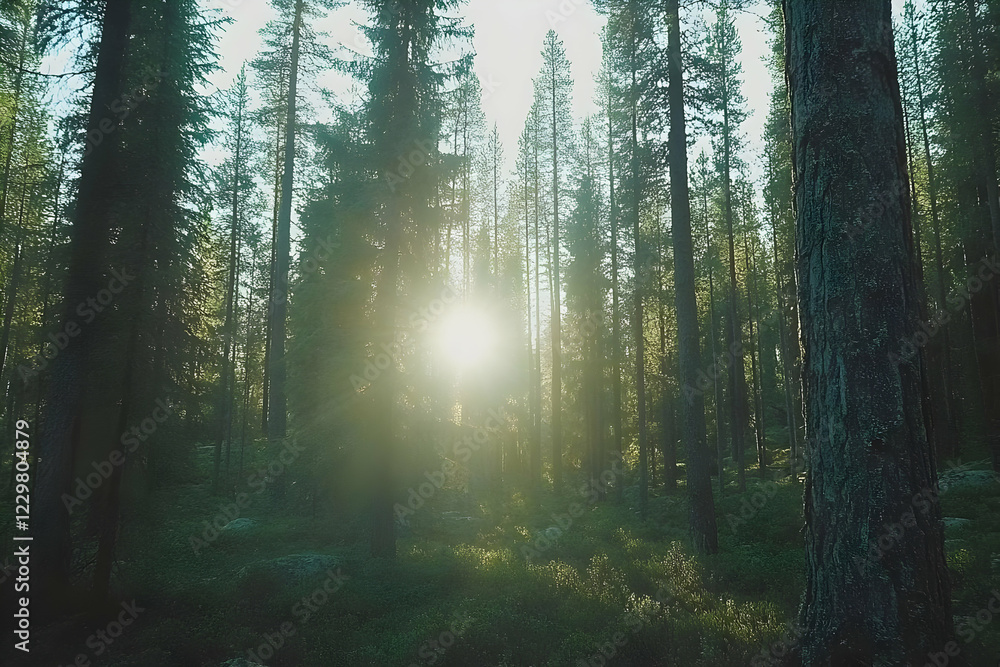 Fototapeta premium Sunlit forest, tranquil nature scene, morning light
