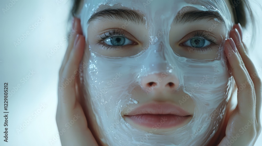 Fototapeta premium Relaxed woman receiving a facial treatment at a spa. Ideal for wellness, skincare, and beauty-related promotions. Perfect for salons, spa ads, and skincare brands.