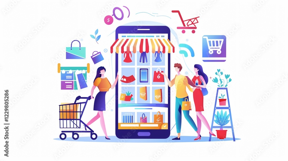 Fototapeta premium Smart Online Buyers: Ecommerce App for Retail Shop, Modern Technology Solutions