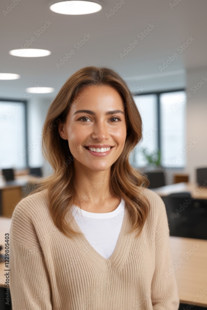 smiling woman in a tan sweater standing in an office smiling woman in a tan sweater standing in an office