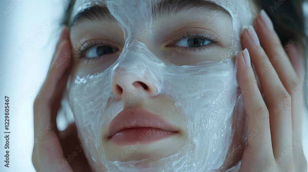 Fototapeta premium Relaxed woman receiving a facial treatment at a spa. Ideal for wellness, skincare, and beauty-related promotions. Perfect for salons, spa ads, and skincare brands.