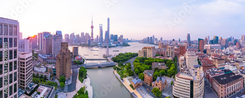 Aerial View of Shanghai skyline at sunrise with the Winding River