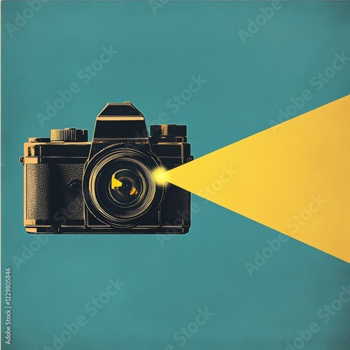 Contemporary art collage. Modern camera with a beam of yellow light. Shooting concept. Copy space for advertising photo