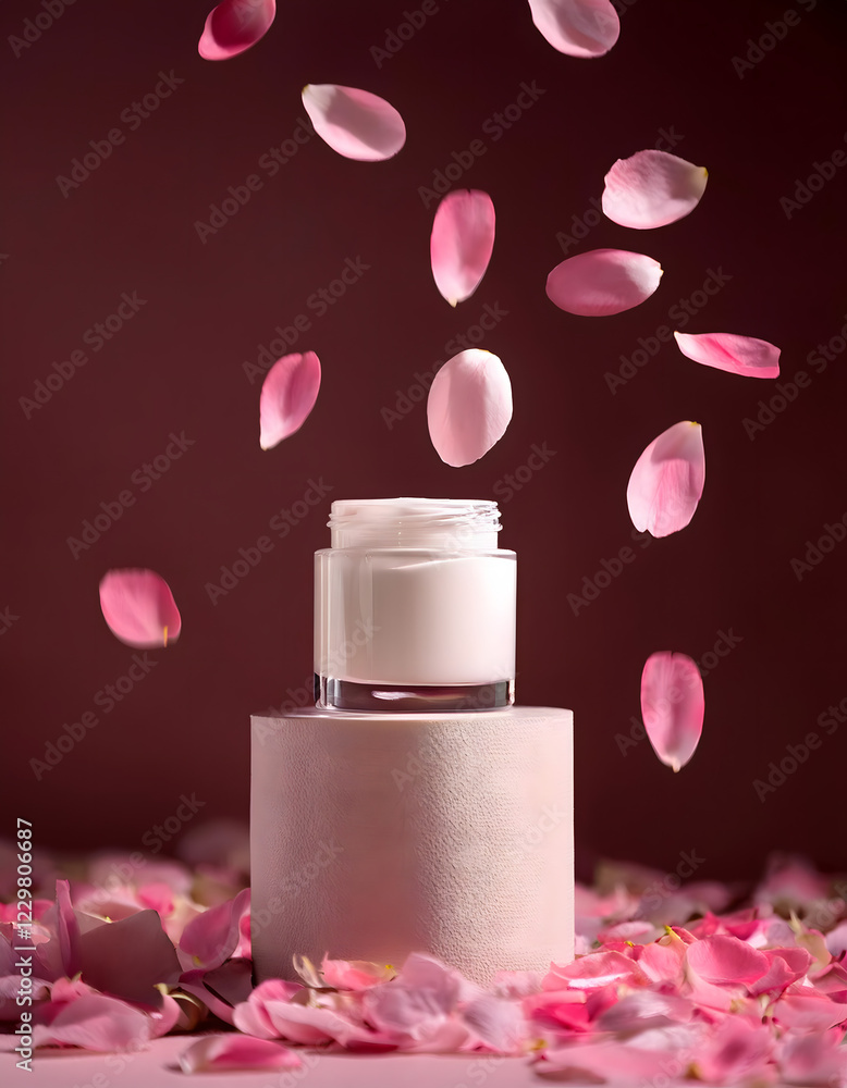 Rose Petal Cream Jar: A luxurious cream jar sits on a minimalist pedestal, surrounded by falling rose petals, creating a visually stunning and elegant image perfect for beauty and skincare marketing. Rose Petal Cream Jar: A luxurious cream jar sits on a minimalist pedestal, surrounded by falling rose petals, creating a visually stunning and elegant image perfect for beauty and skincare marketing.