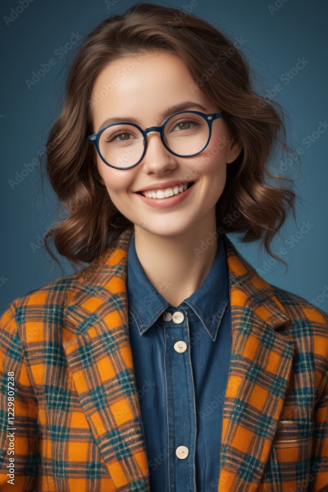 smiling woman in plaid jacket and glasses posing for a picture smiling woman in plaid jacket and glasses posing for a picture