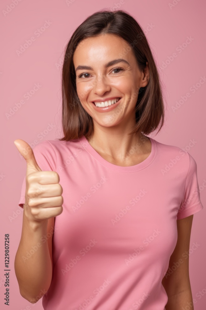 smiling woman in pink shirt showing thumbs up with both hands smiling woman in pink shirt showing thumbs up with both hands