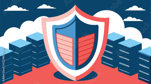 A digital pixelated shield protecting a network of servers and cloud technologies, with holographic codes and passwords, in a modern infographic style.