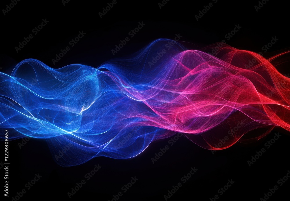 Colorful light trails of blue and red flowing in a smooth wave pattern against a dark background creating a mesmerizing abstract artwork. Colorful light trails of blue and red flowing in a smooth wave pattern against a dark background creating a mesmerizing abstract artwork.