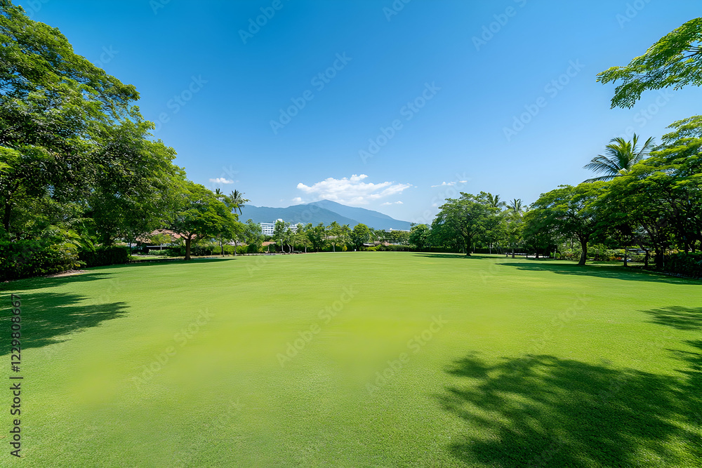 Lush green park, mountain view, sunny day, tranquil scene, ideal for travel brochures Lush green park, mountain view, sunny day, tranquil scene, ideal for travel brochures