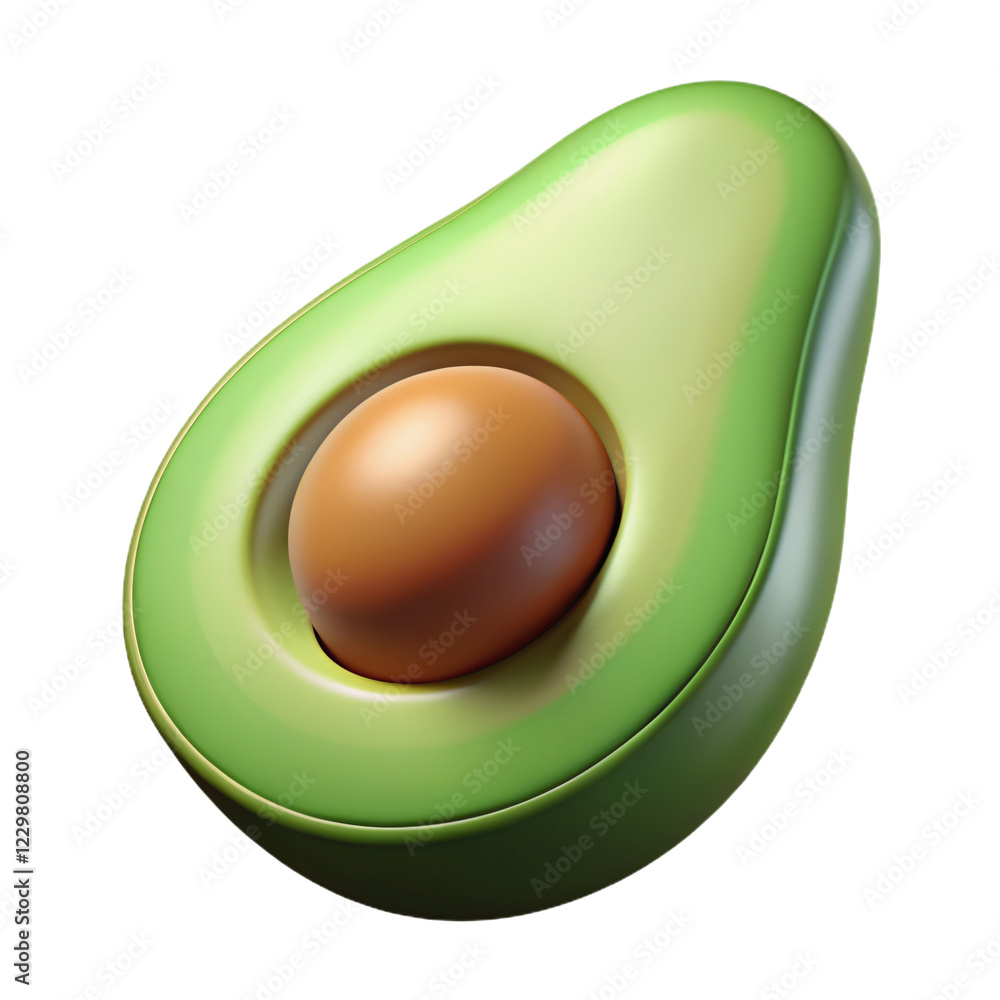 Rendered image of a sliced avocado with tan seed and green skin Rendered image of a sliced avocado with tan seed and green skin