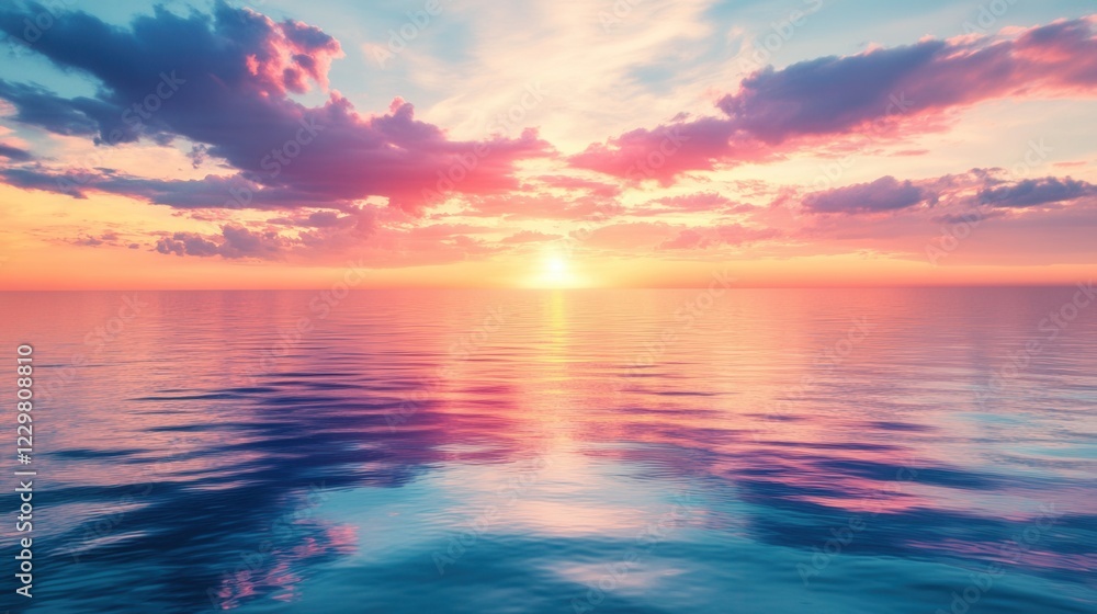 Obraz premium Serene Sunset Over Calm Ocean Waters with Vibrant Orange and Pink Hues