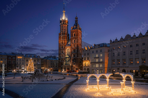 Saint Mary's Basilica, located on Main Square in Krakow during Christmastime, Poland