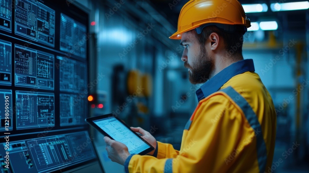 Wind Energy Specialist Reviewing Turbine Data on Digital Tablet in Industrial Workspace Wind Energy Specialist Reviewing Turbine Data on Digital Tablet in Industrial Workspace