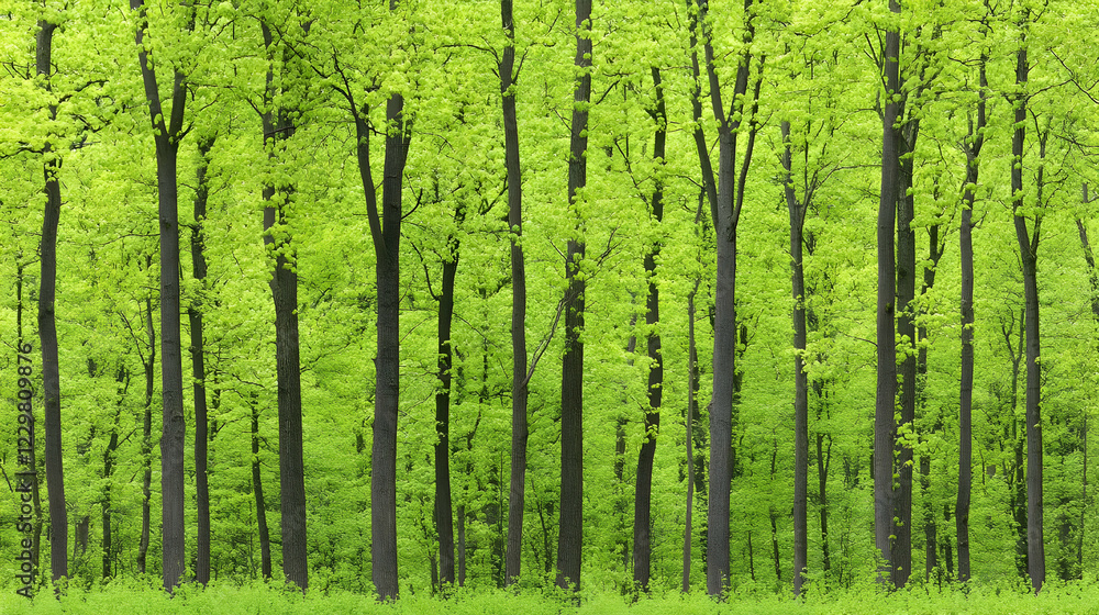 Fototapeta premium Spring forest, vibrant green trees, sunlight. Nature background, eco design