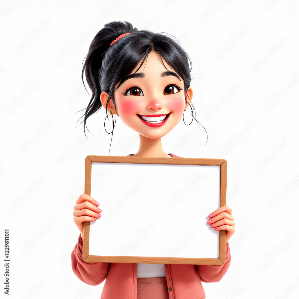 Smiling Cartoon Girl Holding Blank Signboard for Your Message Smiling Cartoon Girl Holding Blank Signboard for Your Message