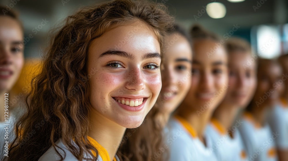 Smiling girl in a row of women. Smiling girl in a row of women.