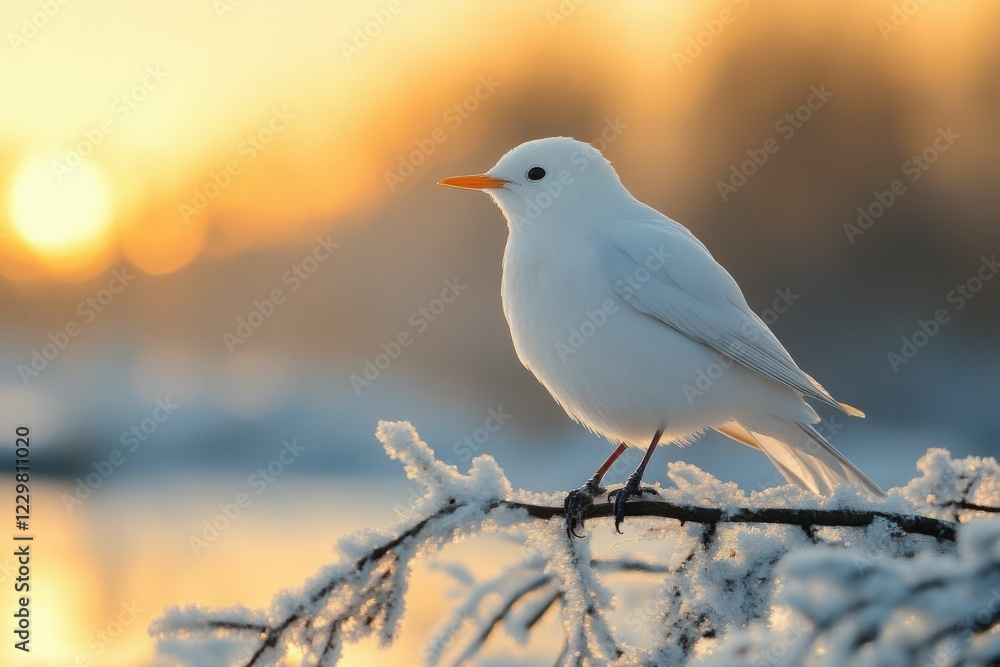 White bird perched on snowy branch at sunrise, peaceful winter scene Generated AI White bird perched on snowy branch at sunrise, peaceful winter scene Generated AI