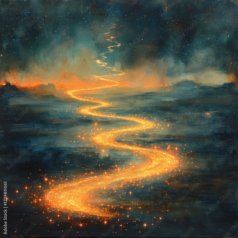 Naklejka premium Golden river of light winds through starry night