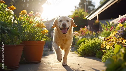 Fototapeta Naklejka Na Ścianę i Meble -  Golden retriever walks toward camera in sunny garden with potted flowers and sunlight