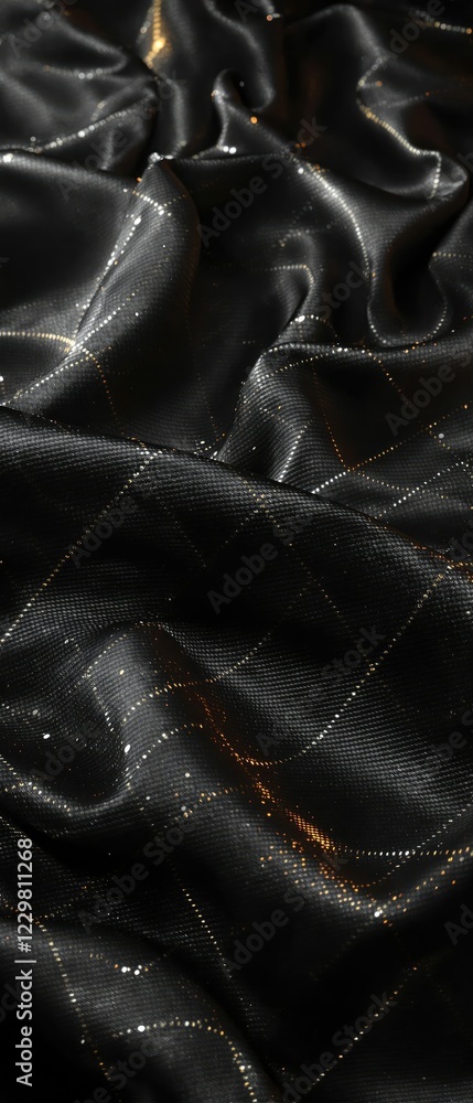 Obraz premium Close-up of diamond-patterned black silk fabric with reflective light and shiny surface, , high-quality image, diamond pattern, black silk