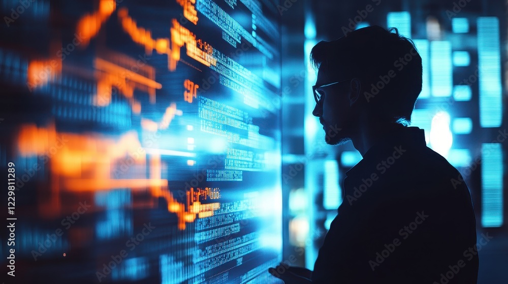 Rising stock graphs with glowing blue lines (close up, focus on, copy space) vibrant colors for financial theme, double exposure silhouette with businessman analyzing data. Rising stock graphs with glowing blue lines (close up, focus on, copy space) vibrant colors for financial theme, double exposure silhouette with businessman analyzing data.