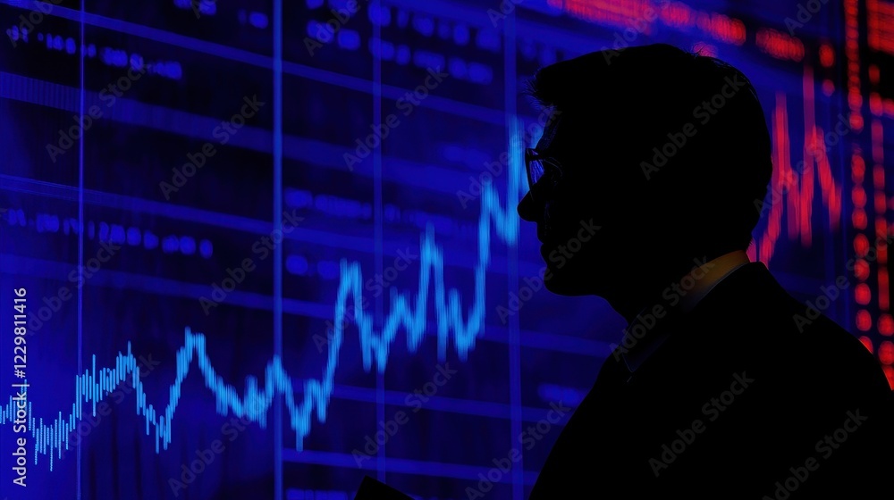 Rising stock graphs with glowing blue lines (close up, focus on, copy space) vibrant colors for financial theme, double exposure silhouette with businessman analyzing data. Rising stock graphs with glowing blue lines (close up, focus on, copy space) vibrant colors for financial theme, double exposure silhouette with businessman analyzing data.