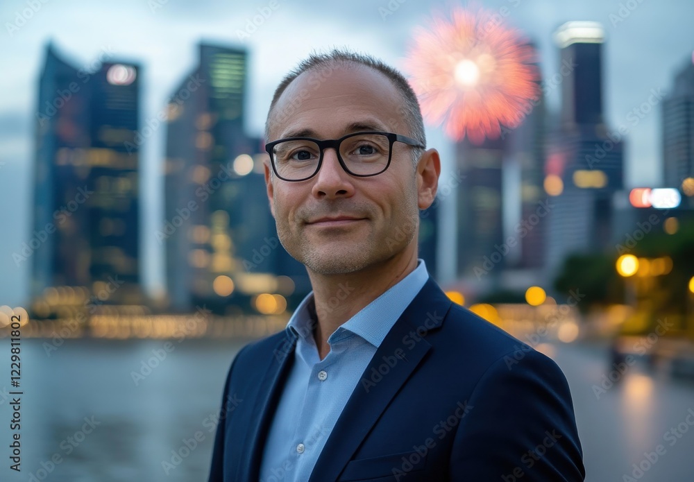 Confident business professional in formal attire with city skyline and fireworks in the background during twilight hours in an urban setting Confident business professional in formal attire with city skyline and fireworks in the background during twilight hours in an urban setting