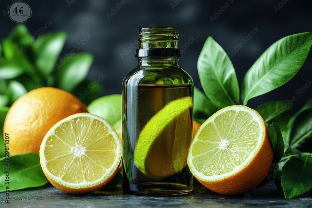 Amber Bottle of Citrus Essential Oil with Limes and Oranges Amber Bottle of Citrus Essential Oil with Limes and Oranges
