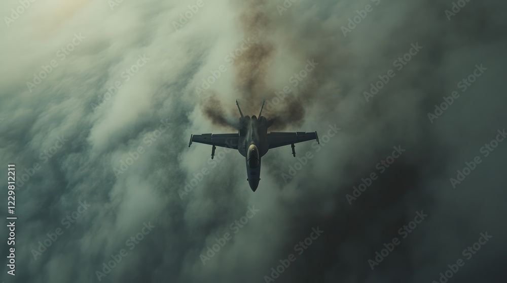 Fototapeta premium Fighter jet leaving dark smoke trail in cloudy sky.