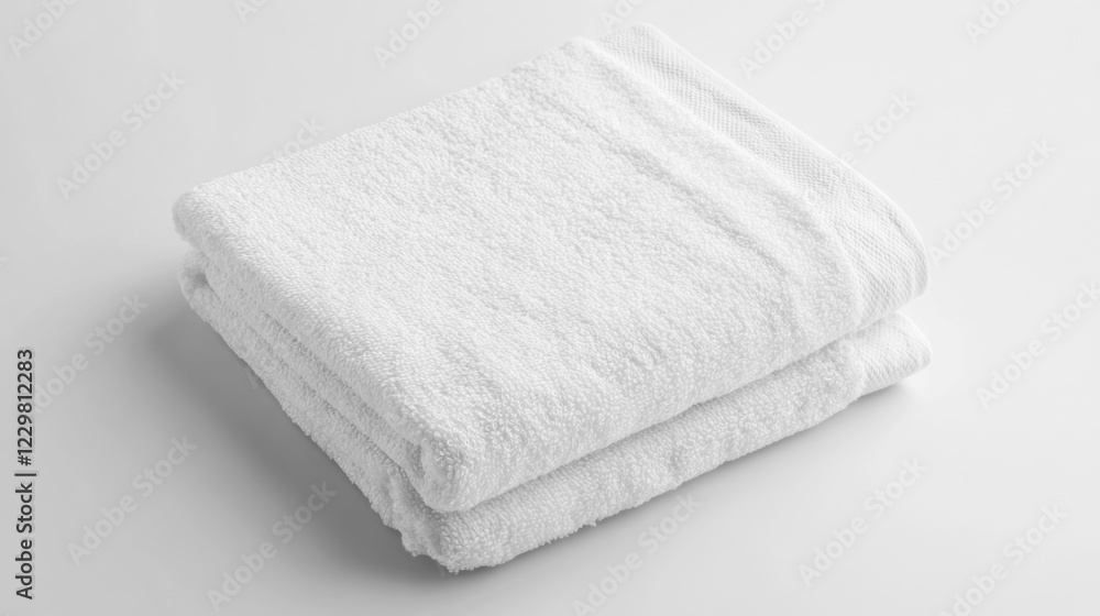 Soft white towels folded neatly on a clean surface in a bright, minimalistic setting Soft white towels folded neatly on a clean surface in a bright, minimalistic setting