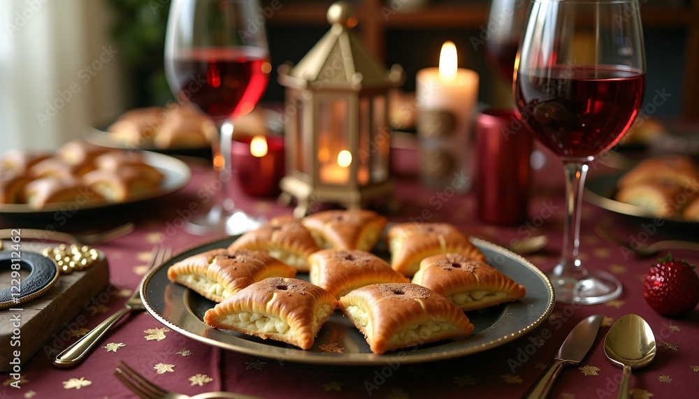 Festive holiday table with pastries, wine glasses, and candles. Festive holiday table with pastries, wine glasses, and candles.