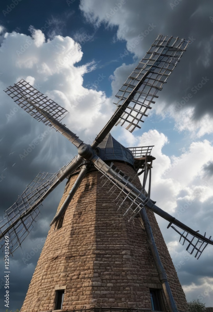 Close-up of windmill structure with storm clouds in background, historic, engineering, contrast, mechanism Close-up of windmill structure with storm clouds in background, historic, engineering, contrast, mechanism