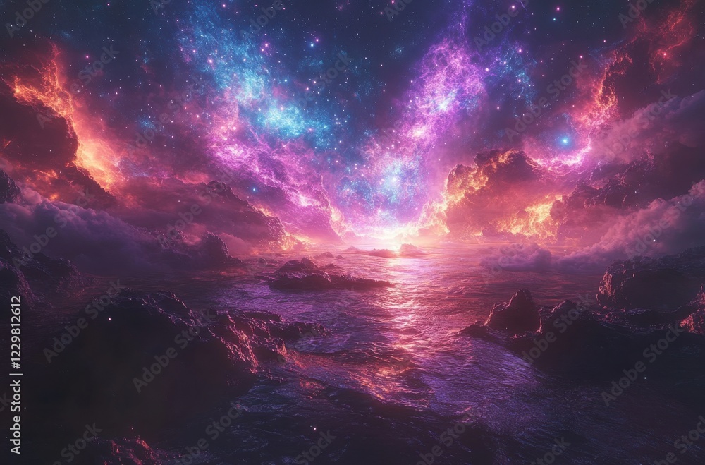 Cosmic Vista of Colorful Nebulae and Starry Sky Reflecting on Calm Ocean Waters at Dusk, Creating an Ethereal and Dreamlike Atmosphere Cosmic Vista of Colorful Nebulae and Starry Sky Reflecting on Calm Ocean Waters at Dusk, Creating an Ethereal and Dreamlike Atmosphere