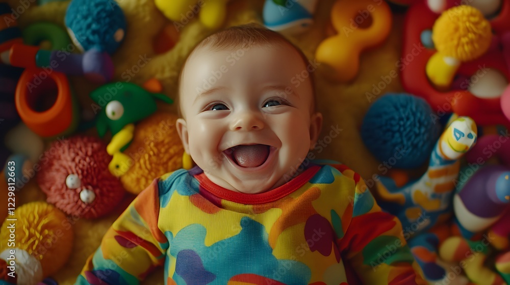 Cheerful Baby with Big Smile Wearing Colorful Outfit Among Toys Cheerful Baby with Big Smile Wearing Colorful Outfit Among Toys