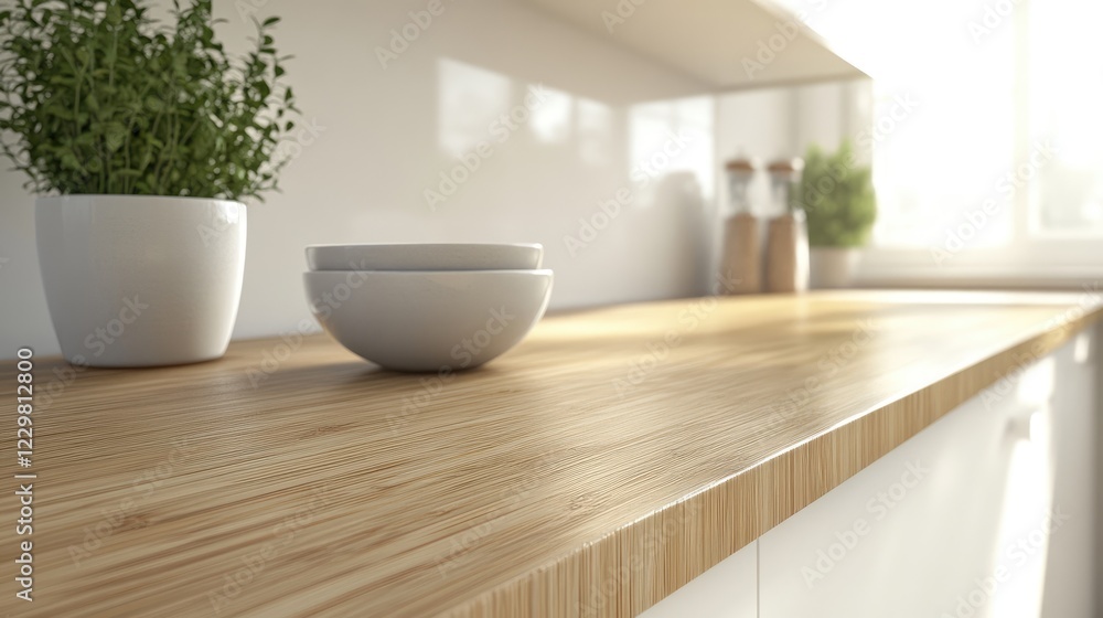 A stylish kitchen with a bamboo countertop and handcrafted ceramic tableware. A stylish kitchen with a bamboo countertop and handcrafted ceramic tableware.