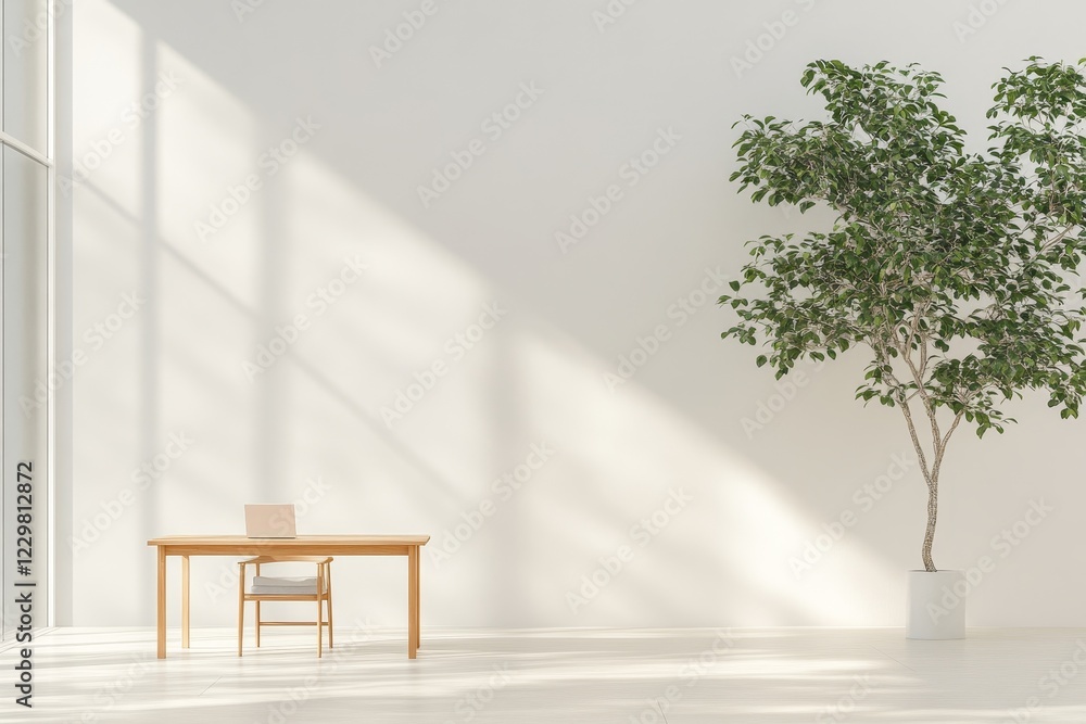 Bright and airy modern office features a sleek wooden desk and chair against a plain white wall, illuminated by bright natural light from large windows Bright and airy modern office features a sleek wooden desk and chair against a plain white wall, illuminated by bright natural light from large windows
