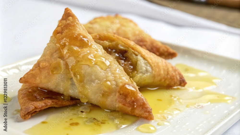 Close-up shot of keema samosa with melted butter on a white surface, golden brown pastry, Indian snacks, flavorful filling, savory food Close-up shot of keema samosa with melted butter on a white surface, golden brown pastry, Indian snacks, flavorful filling, savory food