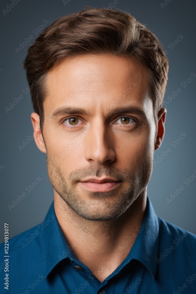 Obraz premium arafed man in blue shirt looking at camera with serious look
